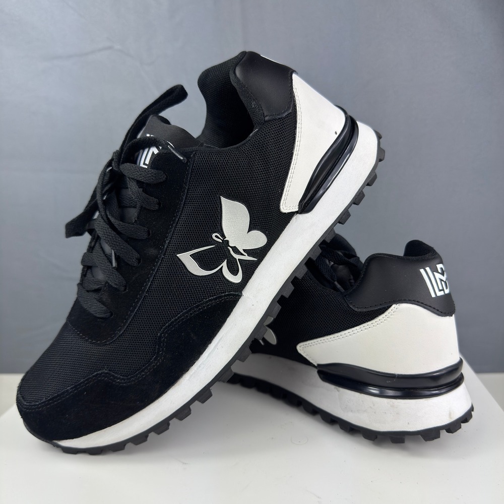 LDM Butterfly Sneakers Women 9.5 Black White Silver Mesh Suede Lug Sole Low Top